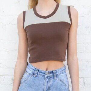 Brandy Melville/J Galt Cream and Brown V-Neck Crop Julia Tank Top